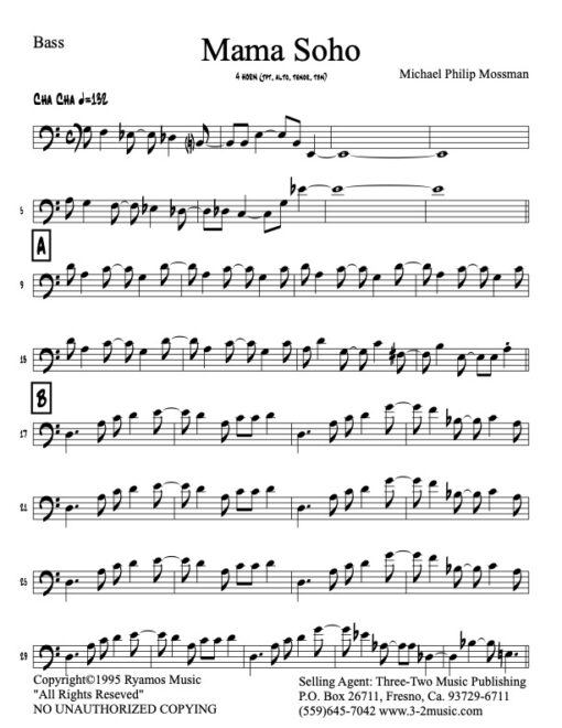 Mama Soho bass (Download) Latin jazz combo printed sheet music www.3-2music.com composer and arranger Michael Mossman combo 4 horns guitar rhythm