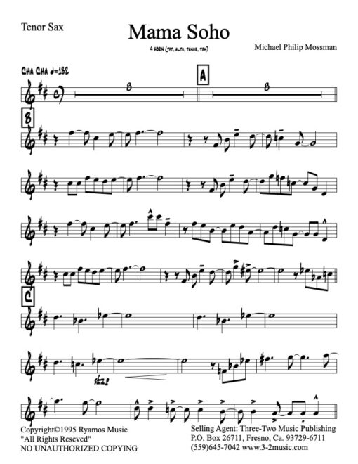 Mama Soho tenor (Download) Latin jazz combo printed sheet music www.3-2music.com composer and arranger Michael Mossman combo 4 horns guitar rhythm