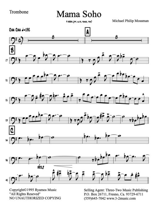 Mama Soho trombone (Download) Latin jazz combo printed sheet music www.3-2music.com composer and arranger Michael Mossman combo 4 horns guitar rhythm