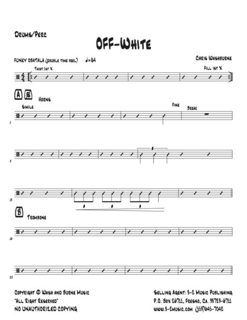 Off White drums (Download) Latin Jazz printed sheet music www.3-2music.com composer and arranger Chris Washburne combo (septet) instrumentation