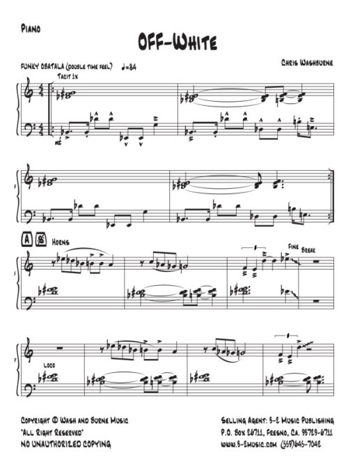 Off White piano (Download) Latin Jazz printed sheet music www.3-2music.com composer and arranger Chris Washburne combo (septet) instrumentation