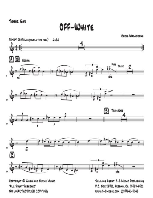 Off White tenor (Download) Latin Jazz printed sheet music www.3-2music.com composer and arranger Chris Washburne combo (septet) instrumentation
