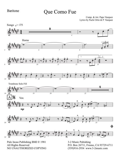 Que Como Fue baritone (Download) Latin jazz printed combo sheet www.3-2music.com composer and arranger Papo Vazquez nonet Batacumbele