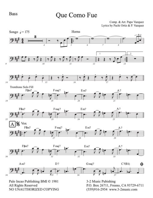 Que Como Fue bass (Download) Latin jazz printed combo sheet www.3-2music.com composer and arranger Papo Vazquez nonet Batacumbele