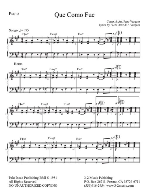 Que Como Fue piano (Download) Latin jazz printed combo sheet www.3-2music.com composer and arranger Papo Vazquez nonet Batacumbele