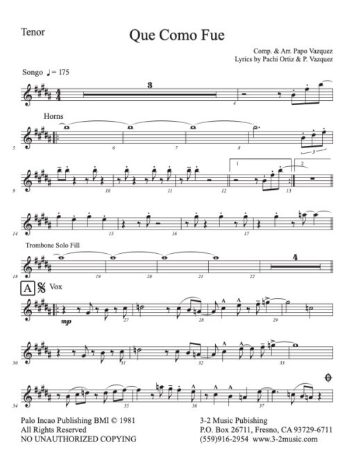 Que Como Fue tenor (Download) Latin jazz printed combo sheet www.3-2music.com composer and arranger Papo Vazquez nonet Batacumbele