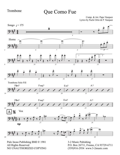 Que Como Fue trombone (Download) Latin jazz printed combo sheet www.3-2music.com composer and arranger Papo Vazquez nonet Batacumbele