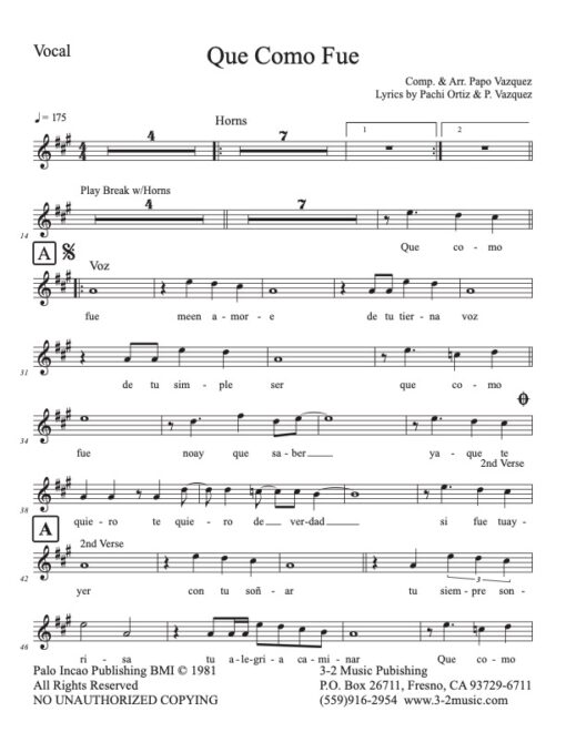 Que Como Fue vocal (Download) Latin jazz printed combo sheet www.3-2music.com composer and arranger Papo Vazquez nonet Batacumbele