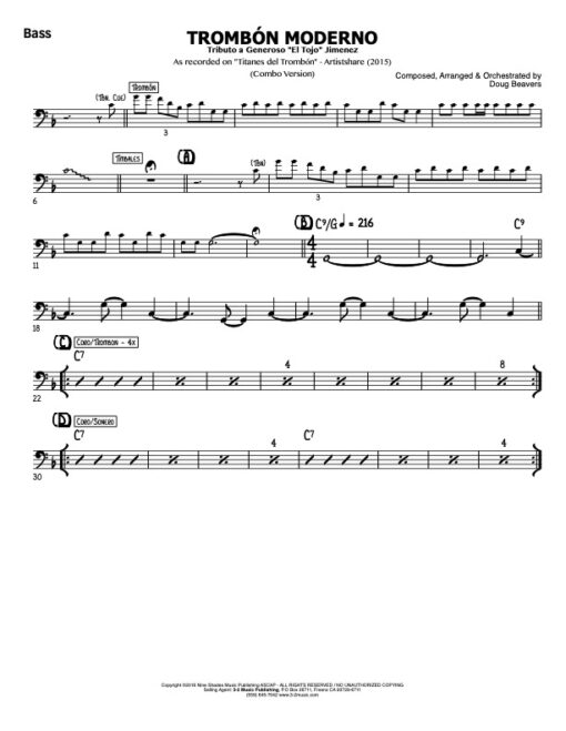 Trombone Moderno V.1 bass (Download) Latin jazz printed combo sheet amusic www.3-2music.com composer and arranger Doug Beavers combo (octet)
