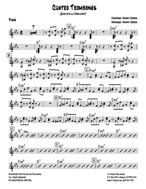 Cuatro Trombones piano (Download) Latin jazz big band printed sheet music www.3-2music.com composer and arranger Manny Cepeda big band 4-4-5 rhythm