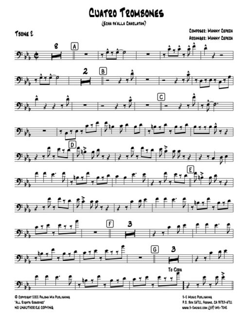 Cuatro Trombones trombone 2 (Download) Latin jazz big band printed sheet music www.3-2music.com composer and arranger Manny Cepeda big band 4-4-5 rhythm