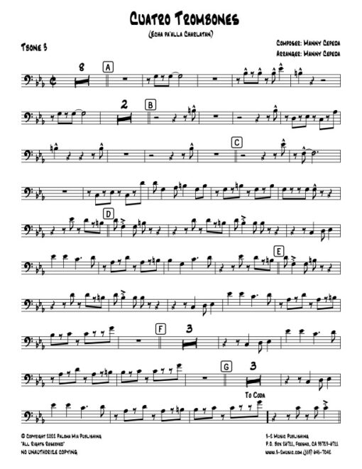 Cuatro Trombones trombone 3 (Download) Latin jazz big band printed sheet music www.3-2music.com composer and arranger Manny Cepeda big band 4-4-5 rhythm