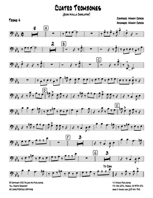 Cuatro Trombones trombone 4 (Download) Latin jazz big band printed sheet music www.3-2music.com composer and arranger Manny Cepeda big band 4-4-5 rhythm