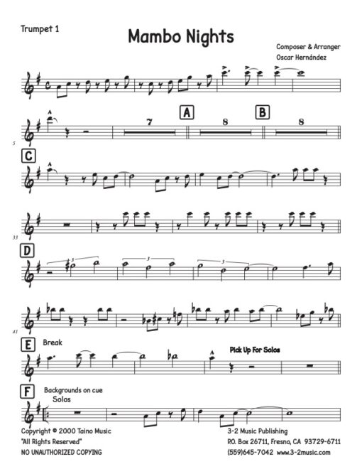 Mambo Nights (Download) Latin jazz combo printed sheet music www.3-2music.com composer and arranger Oscar Hernandez combo (decent) instrumentation