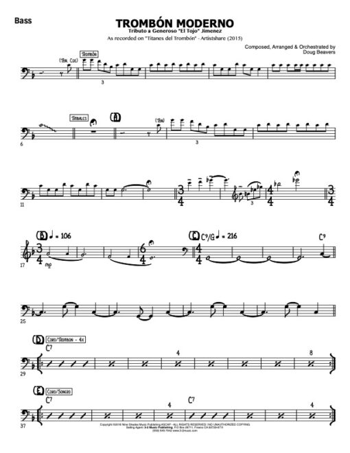 Trombone Moderno V.2 bass (Download) Latin jazz big band printed sheet music www.3-2music.com composer and arranger Doug Beavers big band