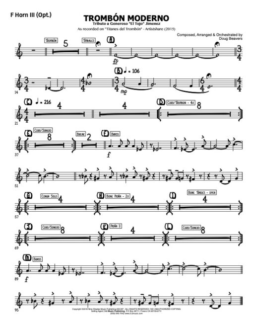 Trombone Moderno V.2 f horn 3 (Download) Latin jazz big band printed sheet music www.3-2music.com composer and arranger Doug Beavers big band