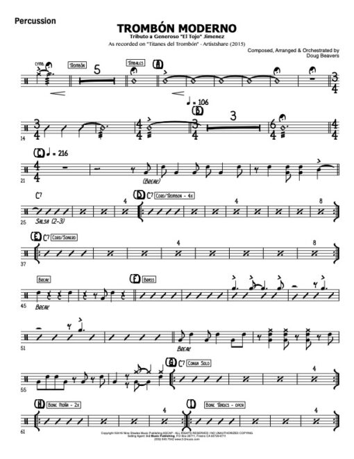 Trombone Moderno V.2 percussoin (Download) Latin jazz big band printed sheet music www.3-2music.com composer and arranger Doug Beavers big band