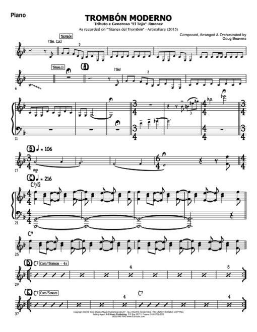 Trombone Moderno V.2 piano (Download) Latin jazz big band printed sheet music www.3-2music.com composer and arranger Doug Beavers big band