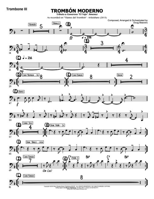Trombone Moderno V.2 trombone 3 (Download) Latin jazz big band printed sheet music www.3-2music.com composer and arranger Doug Beavers big band