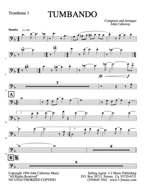 Tumbando trombone 1 (Download) Latin jazz printed sheet music www.3-2music.com composer and arranger John Calloway little big band 2-1-3 instrumentation