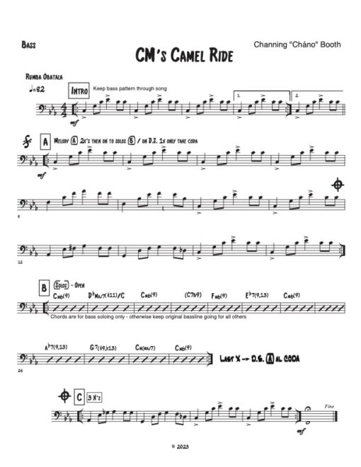 CM's Camel Ride bass (Download) Latin jazz printed sheet music www.3-2music.com composer and arranger Channing Booth combo (tentet) instrumentation