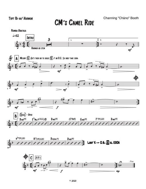 CM's Camel Ride Bb trumpet part (Download) Latin jazz printed sheet music www.3-2music.com composer and arranger Channing Booth combo (tentet)