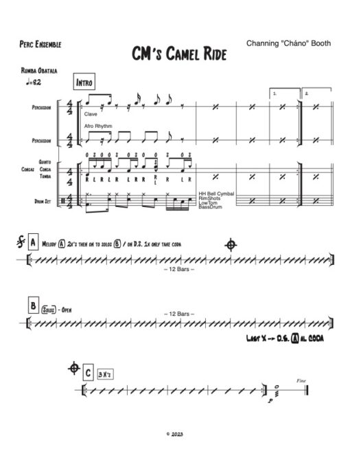 CM's Camel Ride percussion (Download) Latin jazz printed sheet music www.3-2music.com composer and arranger Channing Booth combo (tentet) instrumentation