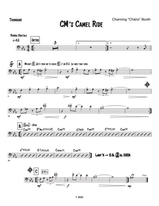 CM's Camel Ride trombone (Download) Latin jazz printed sheet music www.3-2music.com composer and arranger Channing Booth combo (tentet)