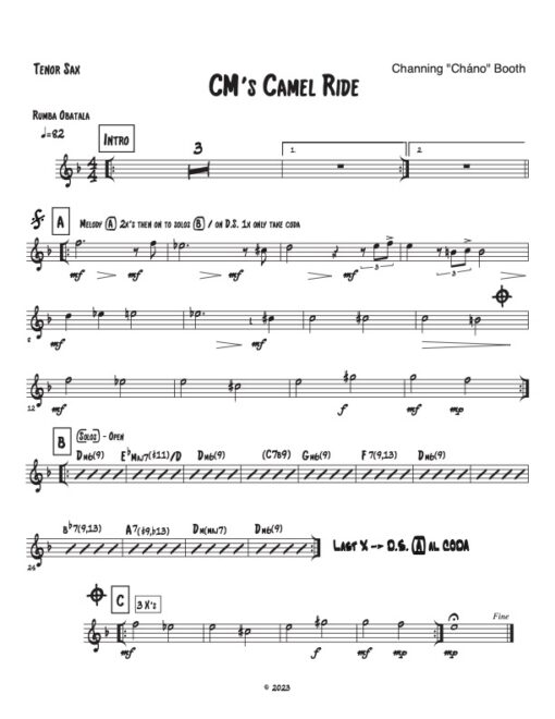 CM's Camel Ride tenor sax (Download) Latin jazz printed sheet music www.3-2music.com composer and arranger Channing Booth combo (tentet)