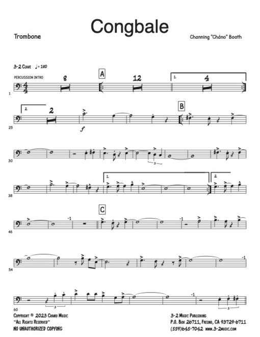 Congbale trombone (Download) Latin jazz printed sheet music www.3-2music.com composer and arranger Channing Booth combo (septet) instrumentation