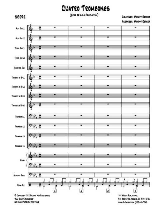 Cuatro Trombones score (Download) Latin jazz big band printed sheet music www.3-2music.com composer and arranger Manny Cepeda big band 4-4-5 rhythm