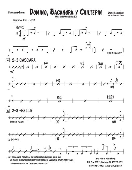 Domino, Bacanora y Chiltepin drums (Download) Latin jazz printed sheet music www.3-2music.com composer and arranger Javier Cabanillas
