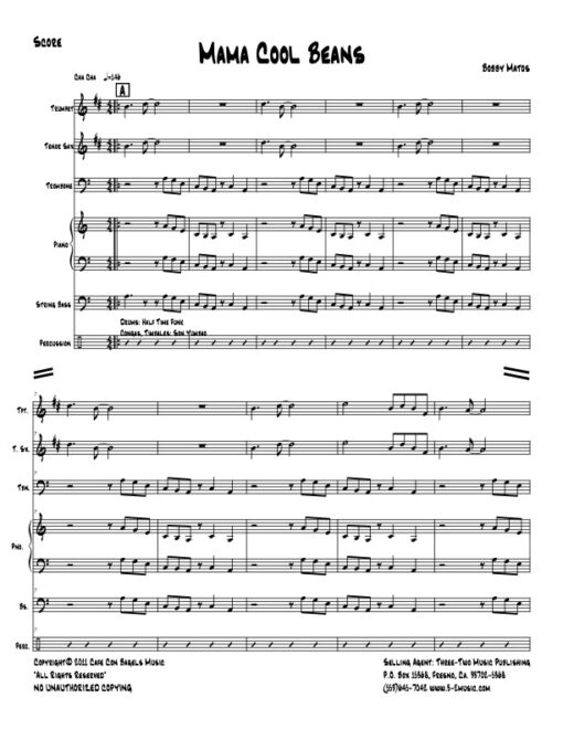 Mama Cool Beans score (Download) Latin jazz printed sheet music www.3-2music.com composer Bobby Matos combo (septet) instrumentation