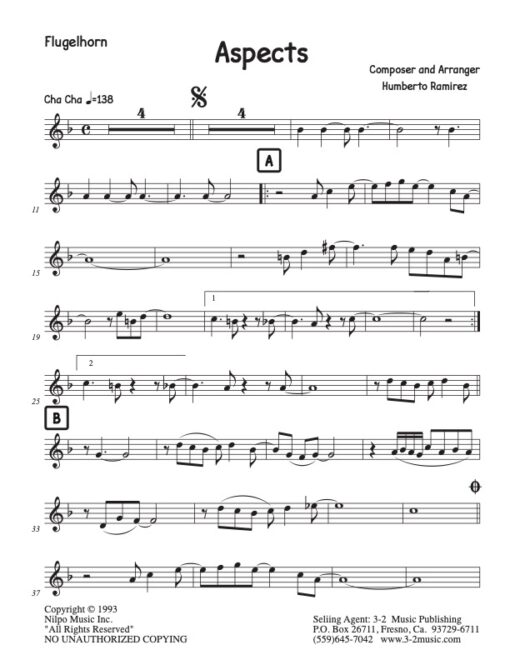 Aspects flugelhorn (Download) Latin jazz printed sheet music www.3-2music.com composer and arranger Humberto Ramirez combo (sextet) instrumentation