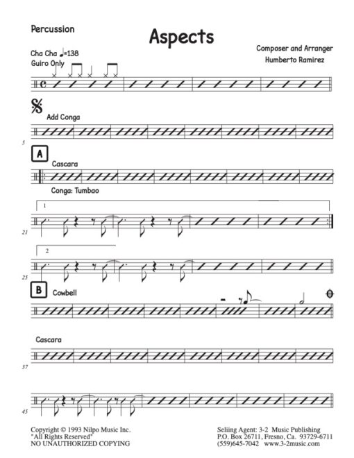 Aspects percussion (Download) Latin jazz printed sheet music www.3-2music.com composer and arranger Humberto Ramirez combo (sextet) instrumentation