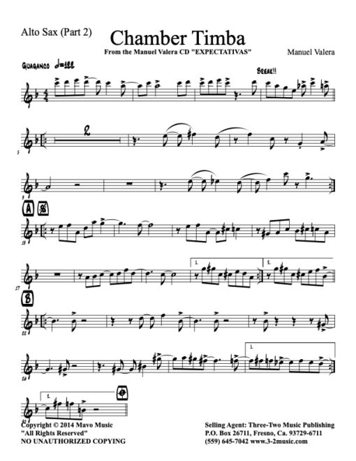 Chamber Timba alto sax (Download) Latin jazz printed sheet music www.3-2music.com composer and arranger Manual Valera combo (sextet) instrumentation