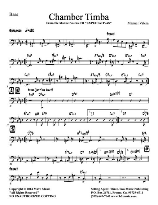 Chamber Timba bass (Download) Latin jazz printed sheet music www.3-2music.com composer and arranger Manual Valera combo (sextet) instrumentation