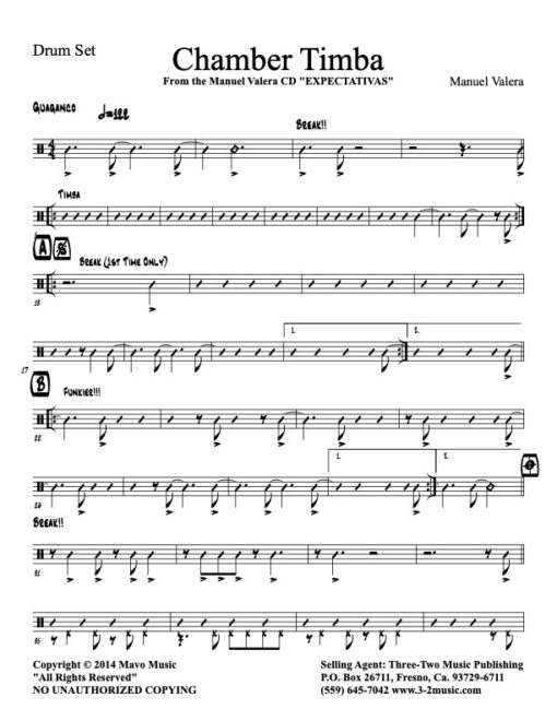 Chamber Timba drums (Download) Latin jazz printed sheet music www.3-2music.com composer and arranger Manual Valera combo (sextet) instrumentation