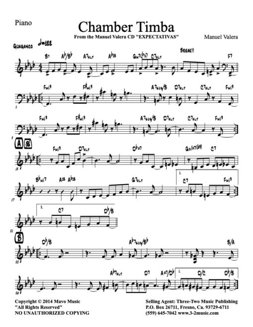 Chamber Timba piano (Download) Latin jazz printed sheet music www.3-2music.com composer and arranger Manual Valera combo (sextet) instrumentation