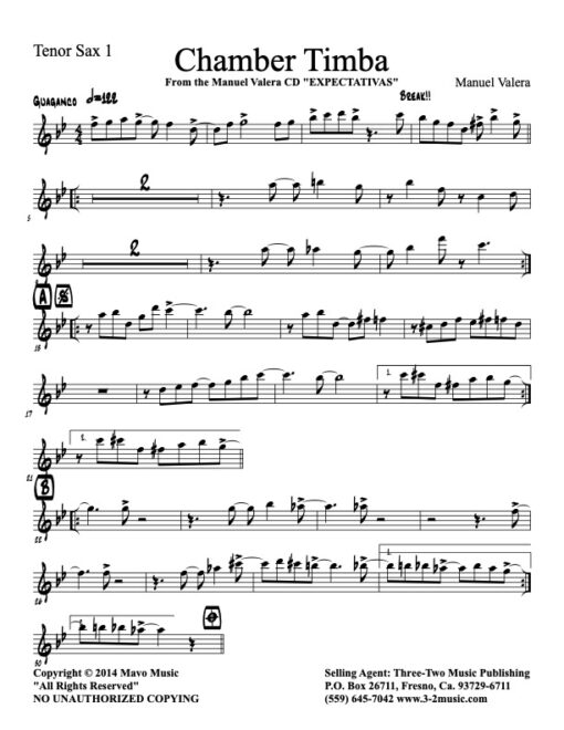 Chamber Timba tenor 1 (Download) Latin jazz printed sheet music www.3-2music.com composer and arranger Manual Valera combo (sextet) instrumentation