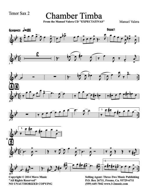 Chamber Timba tenor 2 (Download) Latin jazz printed sheet music www.3-2music.com composer and arranger Manual Valera combo (sextet) instrumentation