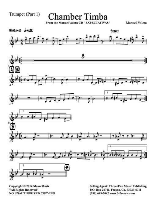 Chamber Timba trumpet (Download) Latin jazz printed sheet music www.3-2music.com composer and arranger Manual Valera combo (sextet) instrumentation