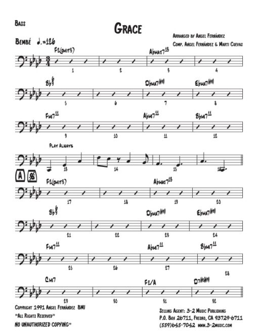 Grace bass (Download) Latin jazz printed combo sheet music www.3-2music.com composer and arranger Angel Fernández combo (septet) instrumentation