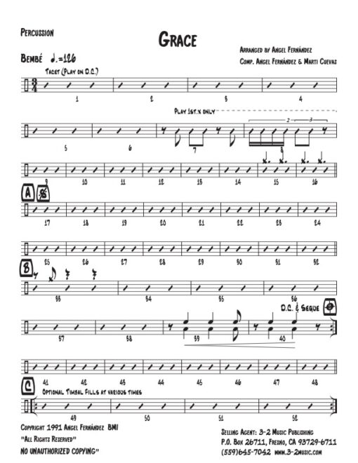 Grace percussion (Download) Latin jazz printed combo sheet music www.3-2music.com composer and arranger Angel Fernández combo (septet) instrumentation