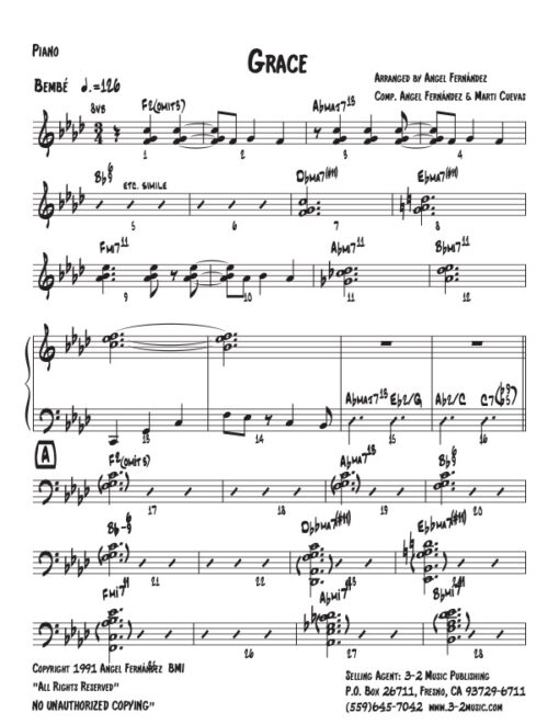 Grace piano (Download) Latin jazz printed combo sheet music www.3-2music.com composer and arranger Angel Fernández combo (septet) instrumentation