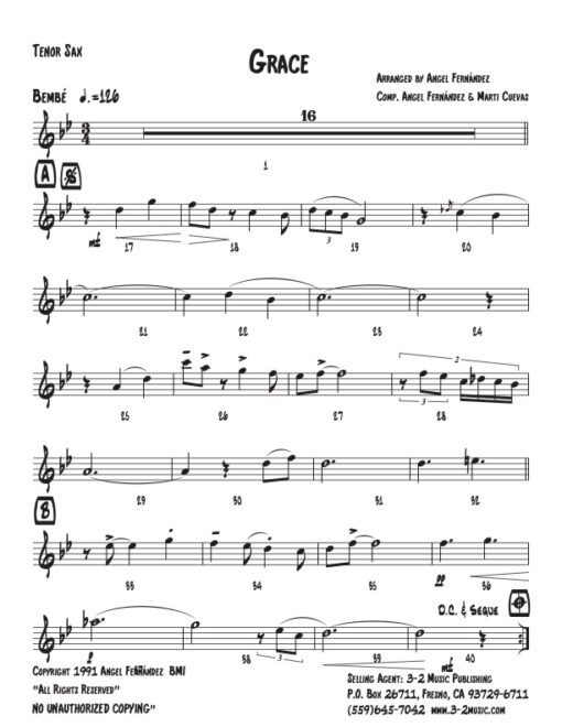 Grace tenor sax (Download) Latin jazz printed combo sheet music www.3-2music.com composer and arranger Angel Fernández combo (septet) instrumentation