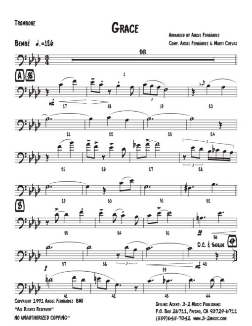 Grace trombone (Download) Latin jazz printed combo sheet music www.3-2music.com composer and arranger Angel Fernández combo (septet) instrumentation