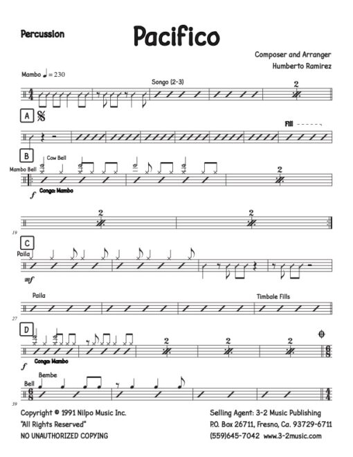 Pacifico percussion (Download) Latin jazz printed sheet music www.3-2music.com composer and arranger Humberto Ramirez combo (sextet) CD Jazz Project