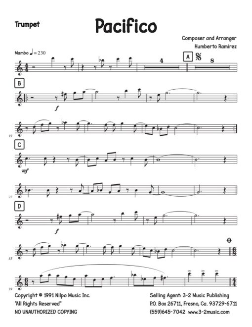 Pacifico trumpet (Download) Latin jazz printed sheet music www.3-2music.com composer and arranger Humberto Ramirez combo (sextet) CD Jazz Project