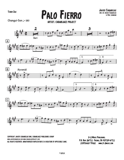 Palo Fierro (Download) Latin jazz printed sheet music www.3-2music.com composer and arranger Javier Cabanillas combo (septet) instrumentation